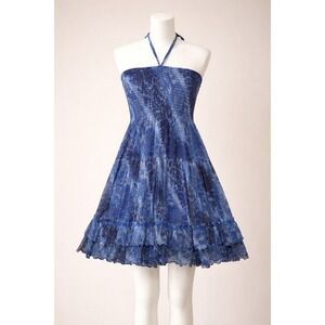 VTG Lapis 2-in-1 Convertible Halter Dress Maxi Skirt Womens M Blue Smocked Fairy